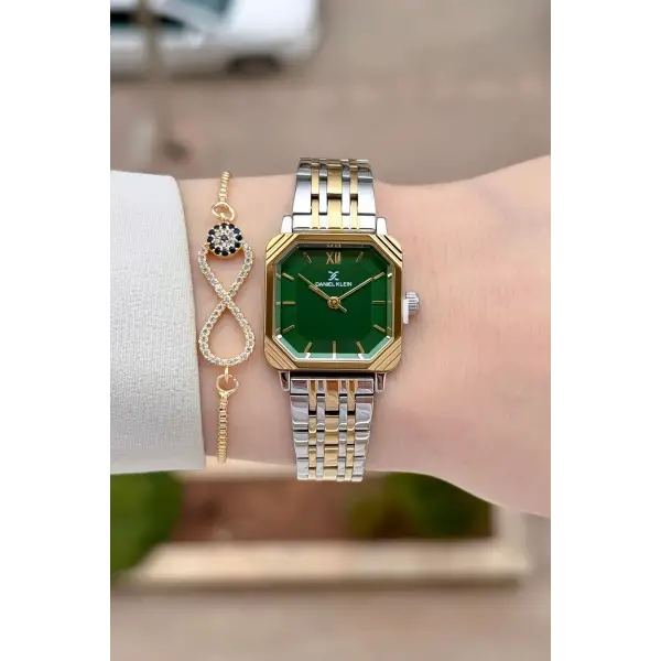 Gold Gümüş Yeşil Renk Hediye Paketli 23 Mm Kare Kadın Kol Saati ve Bileklik