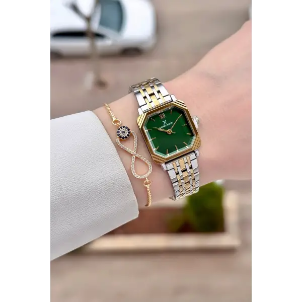 Gold Gümüş Yeşil Renk Hediye Paketli 23 Mm Kare Kadın Kol Saati ve Bileklik