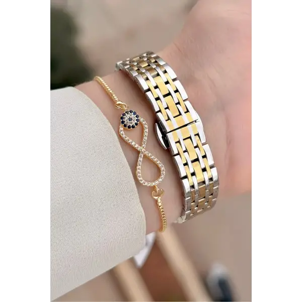 Gold Gümüş Yeşil Renk Hediye Paketli 23 Mm Kare Kadın Kol Saati ve Bileklik