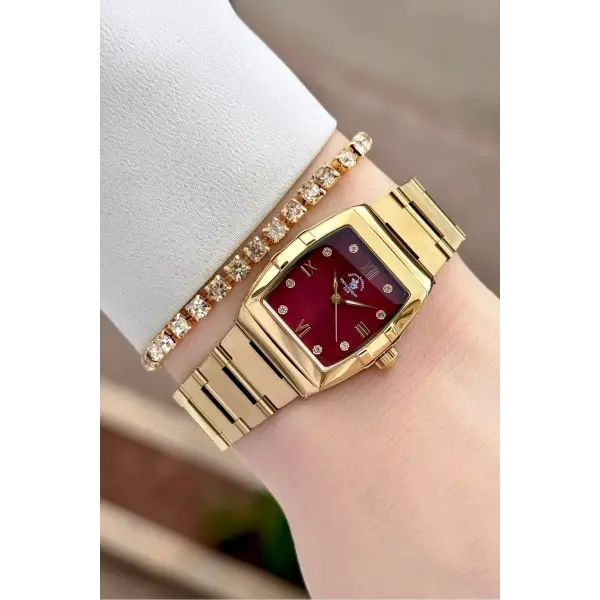 Santa Barbara Polo & Racquet Club Kadranı Bordo Kodronu Gold Renk 23,5 Mm Kadın Kol Saati ve Bileklik