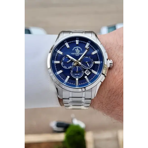 Santa Barbara Polo & Racquet Club Kadranı Lacivert Kordonu Gümüş Renk 45 mm Erkek Kol Saati