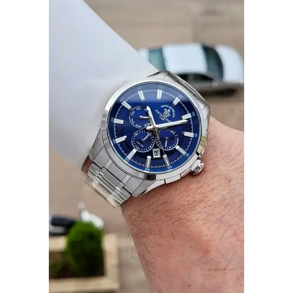 Santa Barbara Polo & Racquet Club Kadranı Lacivert Kordonu Gümüş Renk 45 mm Erkek Kol Saati