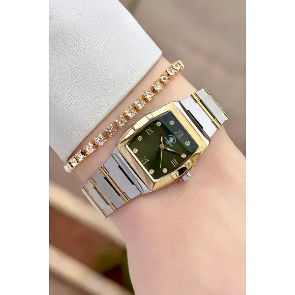 Santa Barbara Polo & Racquet Club Kadranı Yeşil Kodronu Gold Gümüş Renk 23,5 Mm Kadın Kol Saati ve Bileklik