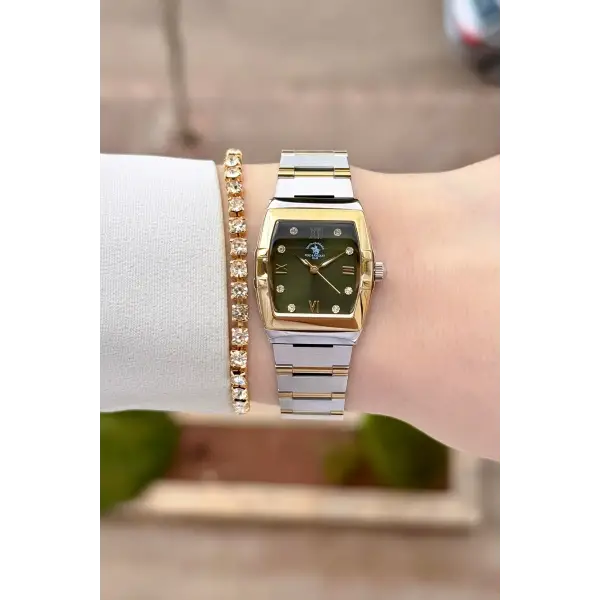 Santa Barbara Polo & Racquet Club Kadranı Yeşil Kodronu Gold Gümüş Renk 23,5 Mm Kadın Kol Saati ve Bileklik