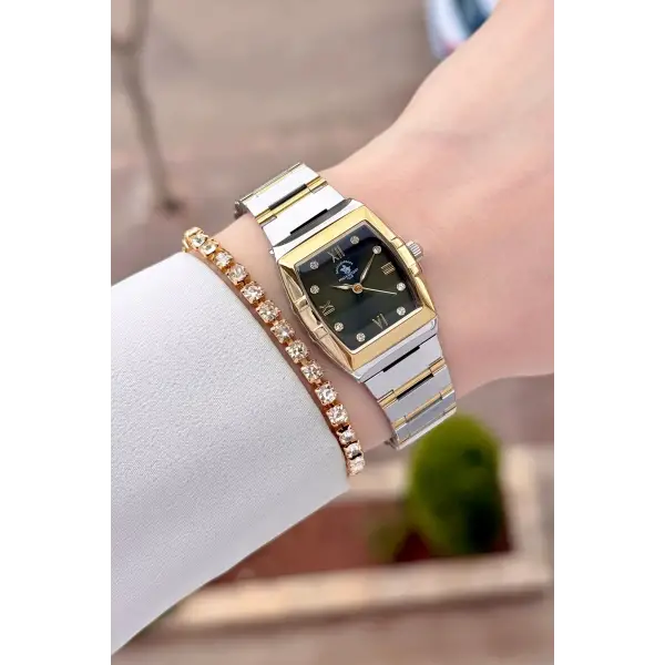 Santa Barbara Polo & Racquet Club Kadranı Yeşil Kodronu Gold Gümüş Renk 23,5 Mm Kadın Kol Saati ve Bileklik