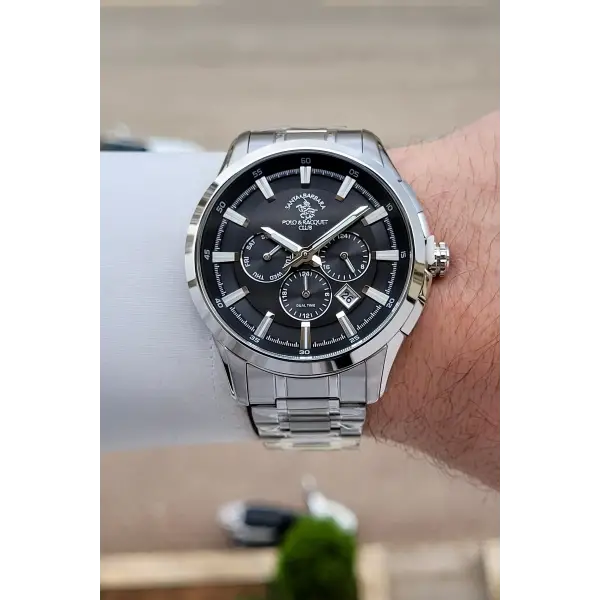 Santa Barbara Polo & Racquet Club Kadranı Siyah Kordonu Gümüş Renk 45 mm Erkek Kol Saati