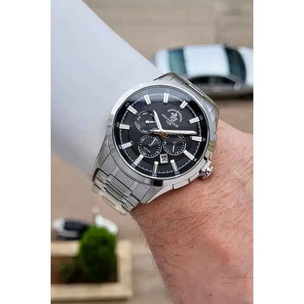 Santa Barbara Polo & Racquet Club Kadranı Siyah Kordonu Gümüş Renk 45 mm Erkek Kol Saati