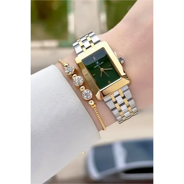 Kadranı Yeşil Kodronu Gold Gümüş Renk 22 Mm Kadın Kol Saati ve Bileklik