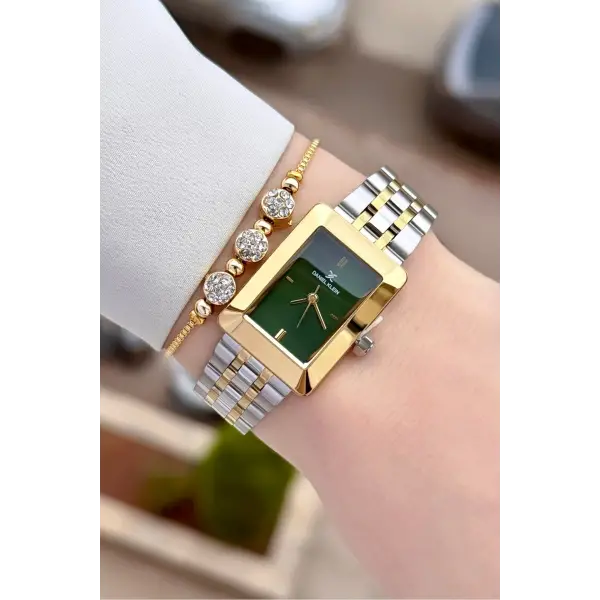 Kadranı Yeşil Kodronu Gold Gümüş Renk 22 Mm Kadın Kol Saati ve Bileklik