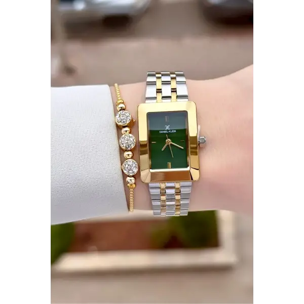 Kadranı Yeşil Kodronu Gold Gümüş Renk 22 Mm Kadın Kol Saati ve Bileklik