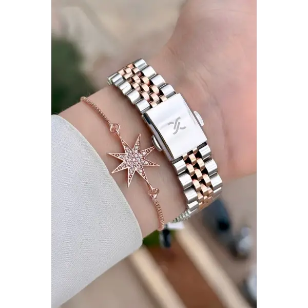 Rose Gümüş Renk 32 Mm Kadın Kol Saati ve Bileklik