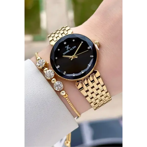 Kadranı Siyah Kordonu Gold Renk 30 mm Kadın Kol Saati ve Bileklik