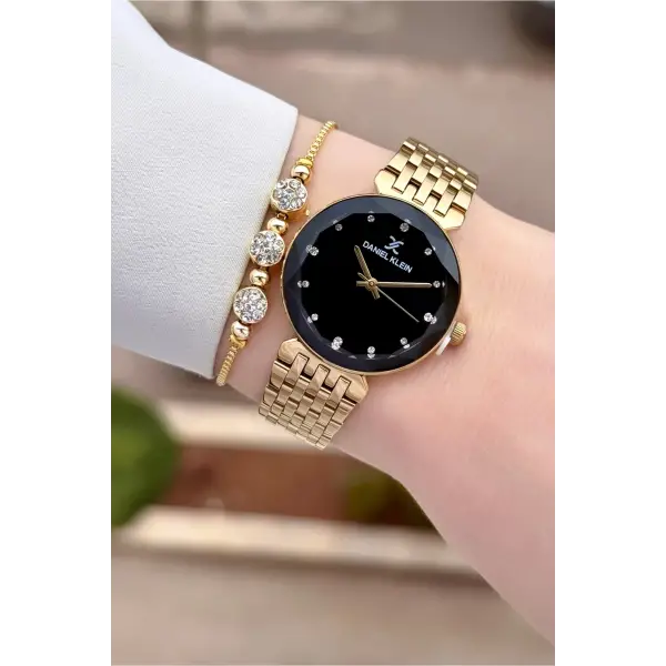 Kadranı Siyah Kordonu Gold Renk 30 mm Kadın Kol Saati ve Bileklik