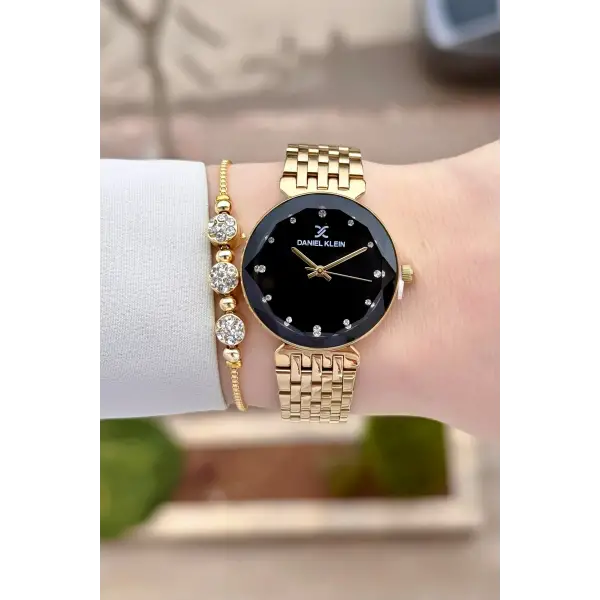 Kadranı Siyah Kordonu Gold Renk 30 mm Kadın Kol Saati ve Bileklik