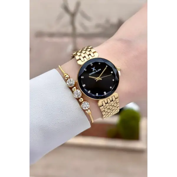 Kadranı Siyah Kordonu Gold Renk 30 mm Kadın Kol Saati ve Bileklik