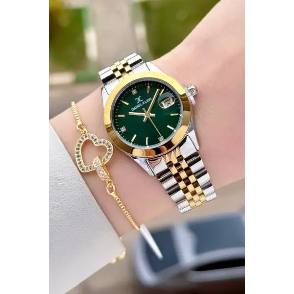 Kadranı Yeşil Kodronu Gold Gümüş Renk 30 Mm Kadın Kol Saati ve Bileklik