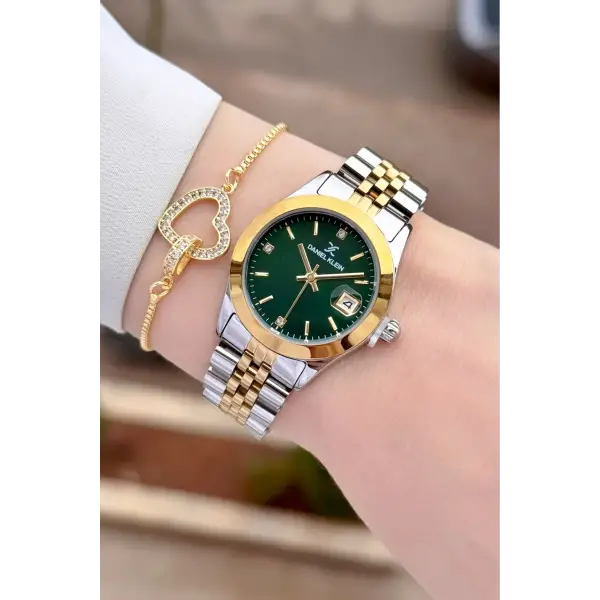 Kadranı Yeşil Kodronu Gold Gümüş Renk 30 Mm Kadın Kol Saati ve Bileklik