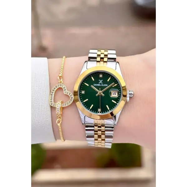 Kadranı Yeşil Kodronu Gold Gümüş Renk 30 Mm Kadın Kol Saati ve Bileklik