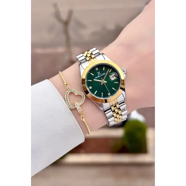 Kadranı Yeşil Kodronu Gold Gümüş Renk 30 Mm Kadın Kol Saati ve Bileklik