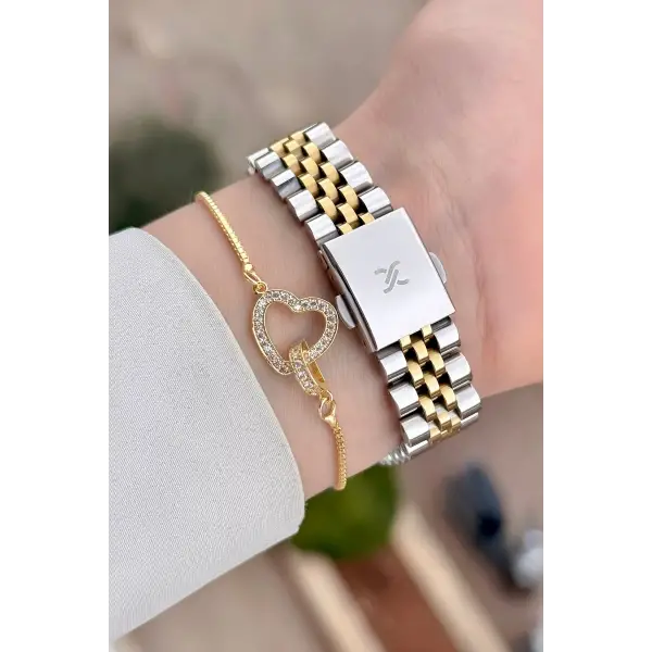 Kadranı Yeşil Kodronu Gold Gümüş Renk 30 Mm Kadın Kol Saati ve Bileklik