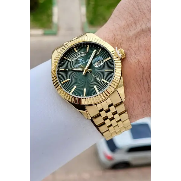 Kadranı Yeşil Kordonu Gold Renk Hediye Paketli Erkek Kol Saati