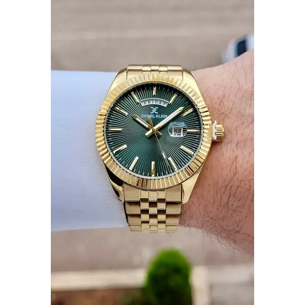 Kadranı Yeşil Kordonu Gold Renk Hediye Paketli Erkek Kol Saati