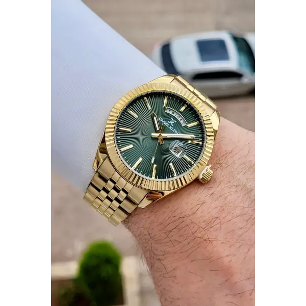 Kadranı Yeşil Kordonu Gold Renk Hediye Paketli Erkek Kol Saati