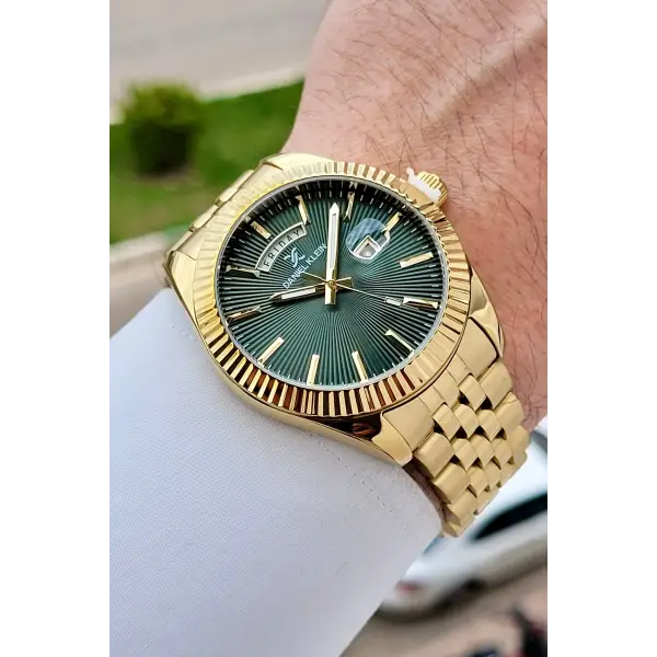 Kadranı Yeşil Kordonu Gold Renk Hediye Paketli Erkek Kol Saati