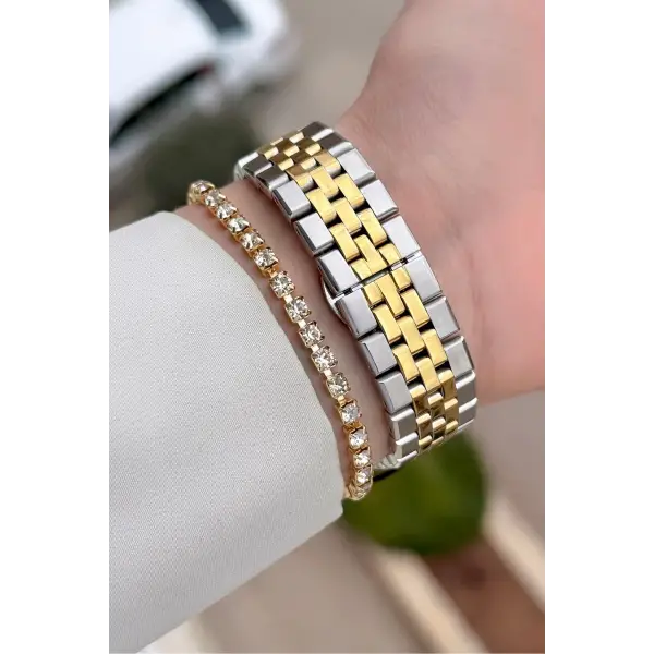 Gold Gümüş Renk 30 mm Kadın Kol Saati ve Bileklik