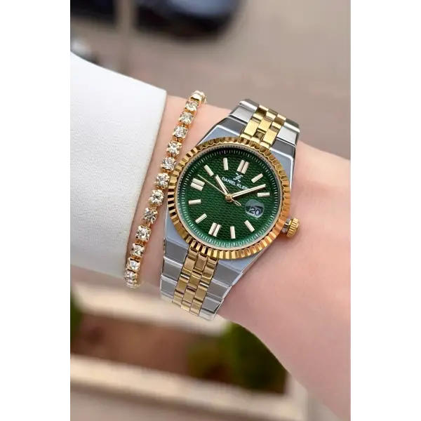 Kadranı Yeşil Kordonu Gold Gümüş Renk 30 mm Kadın Kol Saati ve Bileklik