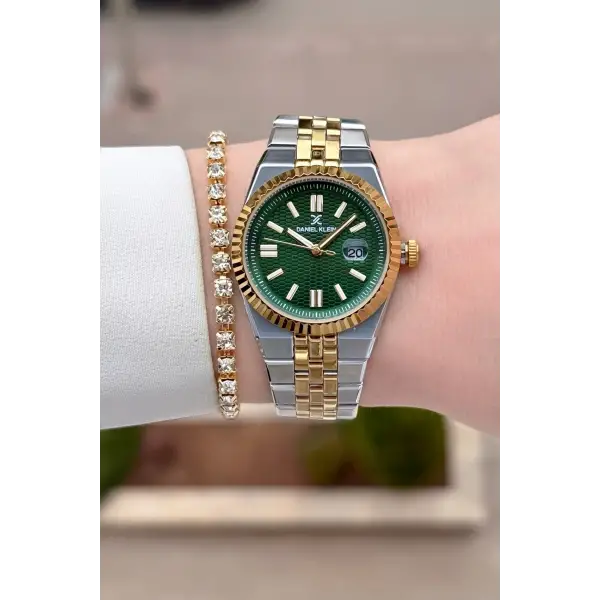Kadranı Yeşil Kordonu Gold Gümüş Renk 30 mm Kadın Kol Saati ve Bileklik