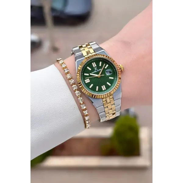 Kadranı Yeşil Kordonu Gold Gümüş Renk 30 mm Kadın Kol Saati ve Bileklik