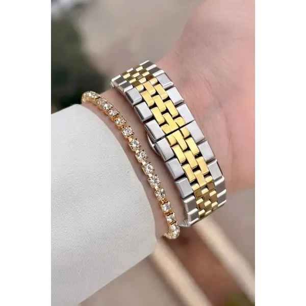 Kadranı Yeşil Kordonu Gold Gümüş Renk 30 mm Kadın Kol Saati ve Bileklik