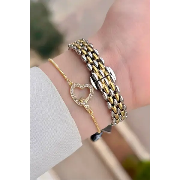 Gold Gümüş Renk 20,5 mm Kadın Kol Saati ve Bileklik
