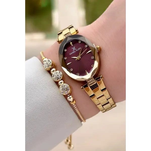Kadranı Bordo Kordonu Gold Renk 22 mm Kadın Kol Saati ve Bileklik