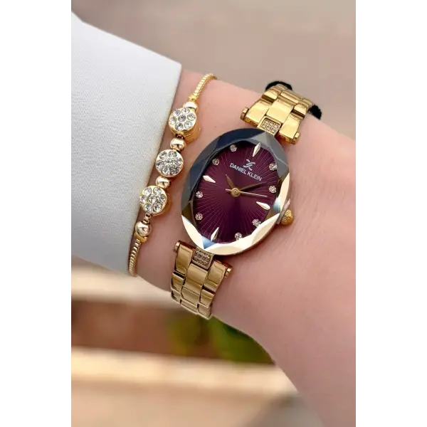 Kadranı Bordo Kordonu Gold Renk 22 mm Kadın Kol Saati ve Bileklik