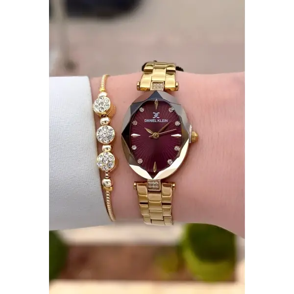 Kadranı Bordo Kordonu Gold Renk 22 mm Kadın Kol Saati ve Bileklik