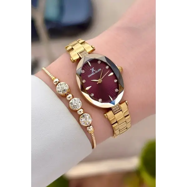Kadranı Bordo Kordonu Gold Renk 22 mm Kadın Kol Saati ve Bileklik