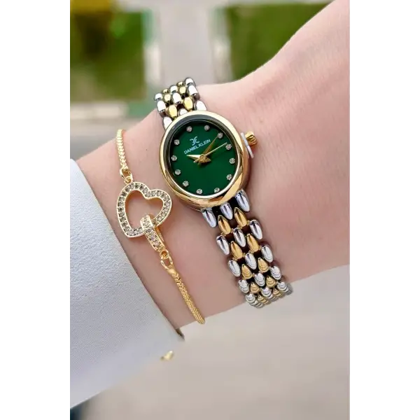 Kadranı Yeşil Kordonu Gold Gümüş Renk 20,5 mm Kadın Kol Saati ve Bileklik