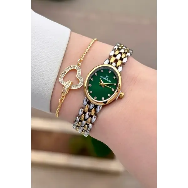 Kadranı Yeşil Kordonu Gold Gümüş Renk 20,5 mm Kadın Kol Saati ve Bileklik