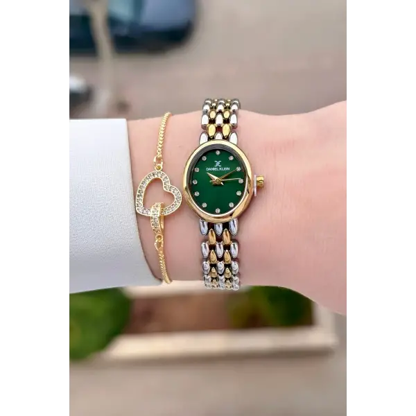 Kadranı Yeşil Kordonu Gold Gümüş Renk 20,5 mm Kadın Kol Saati ve Bileklik