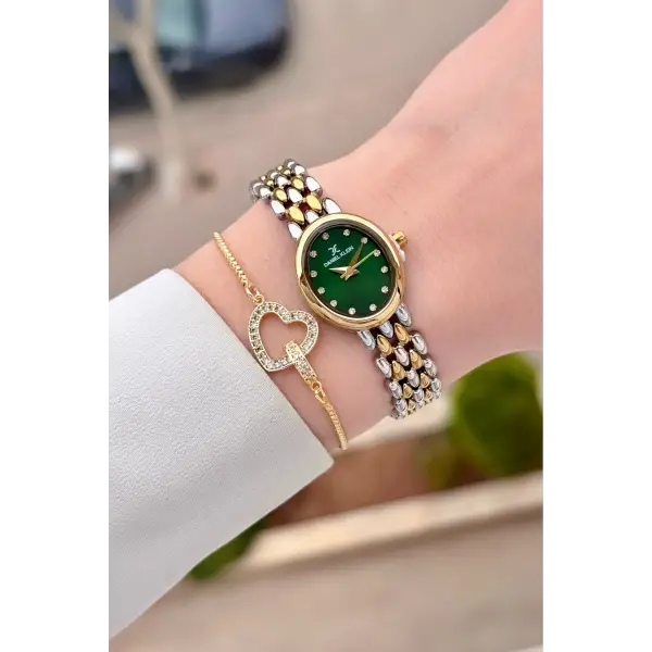 Kadranı Yeşil Kordonu Gold Gümüş Renk 20,5 mm Kadın Kol Saati ve Bileklik