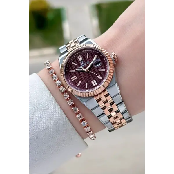 Kadranı Bordo Kordonu Rose Gümüş Renk 30 mm Kadın Kol Saati ve Bileklik