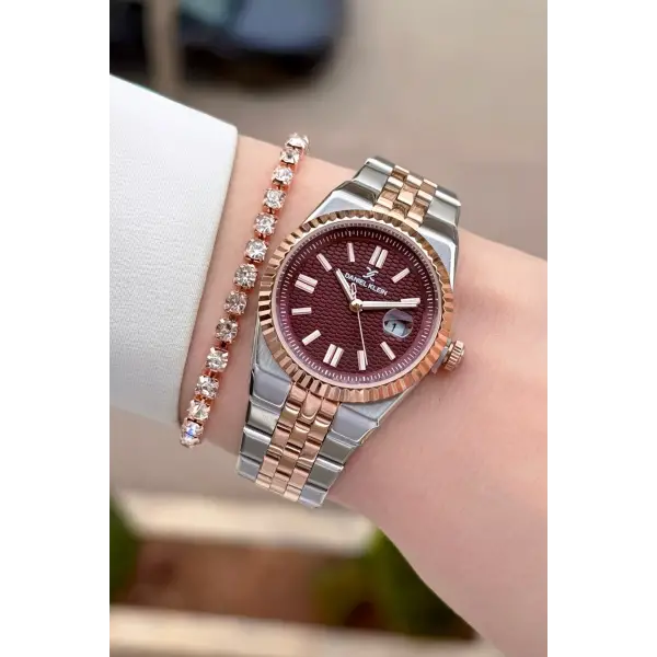 Kadranı Bordo Kordonu Rose Gümüş Renk 30 mm Kadın Kol Saati ve Bileklik