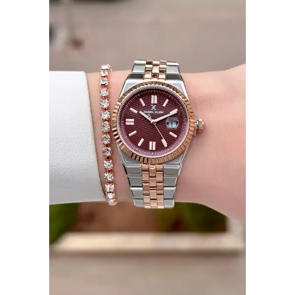 Kadranı Bordo Kordonu Rose Gümüş Renk 30 mm Kadın Kol Saati ve Bileklik