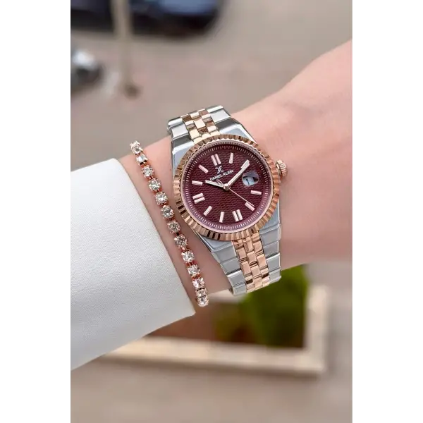 Kadranı Bordo Kordonu Rose Gümüş Renk 30 mm Kadın Kol Saati ve Bileklik