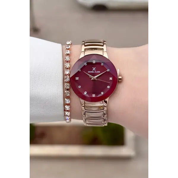 Kadranı Bordo Kodronu Rose Renk 30 Mm Kadın Kol Saati ve Hediye Bileklik