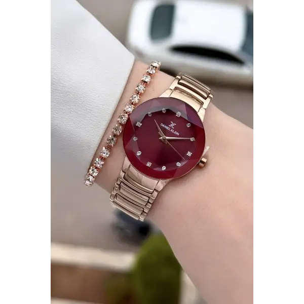 Kadranı Bordo Kodronu Rose Renk 30 Mm Kadın Kol Saati ve Hediye Bileklik