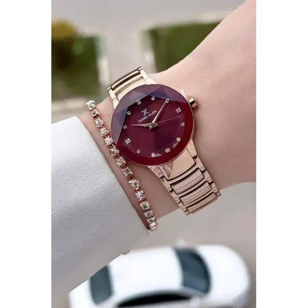 Kadranı Bordo Kodronu Rose Renk 30 Mm Kadın Kol Saati ve Hediye Bileklik