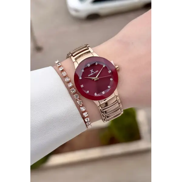 Kadranı Bordo Kodronu Rose Renk 30 Mm Kadın Kol Saati ve Hediye Bileklik